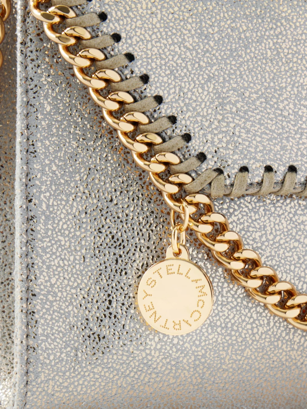 Close-up detail of the Stella McCartney Falabella Mini Metallic Vegetarian Material Shoulder Bag