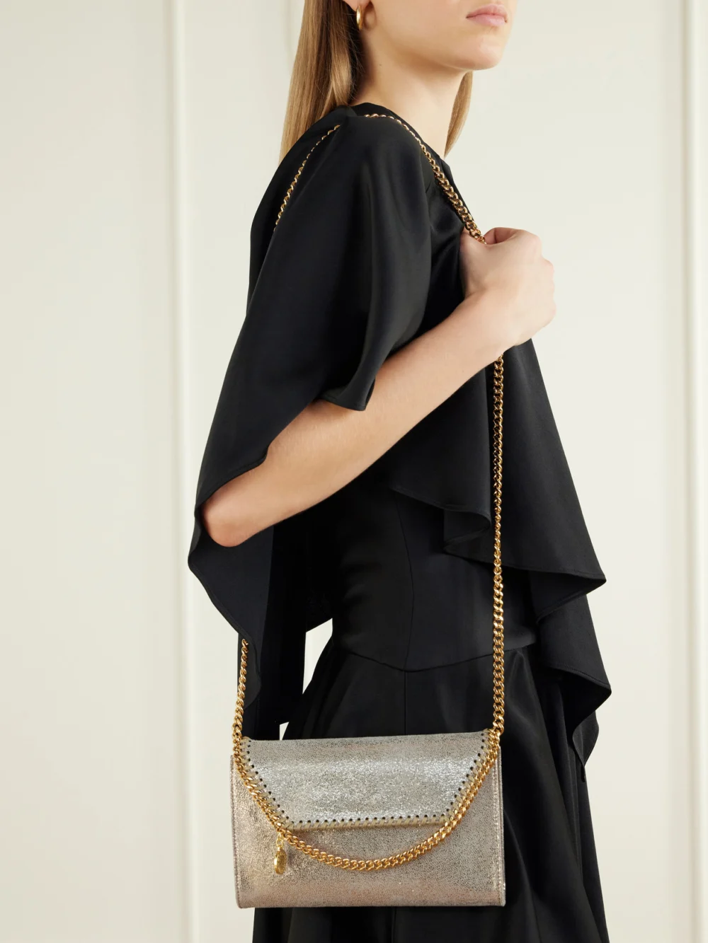 Stella McCartney Falabella Mini Metallic Vegetarian Material Shoulder Bag, styled view