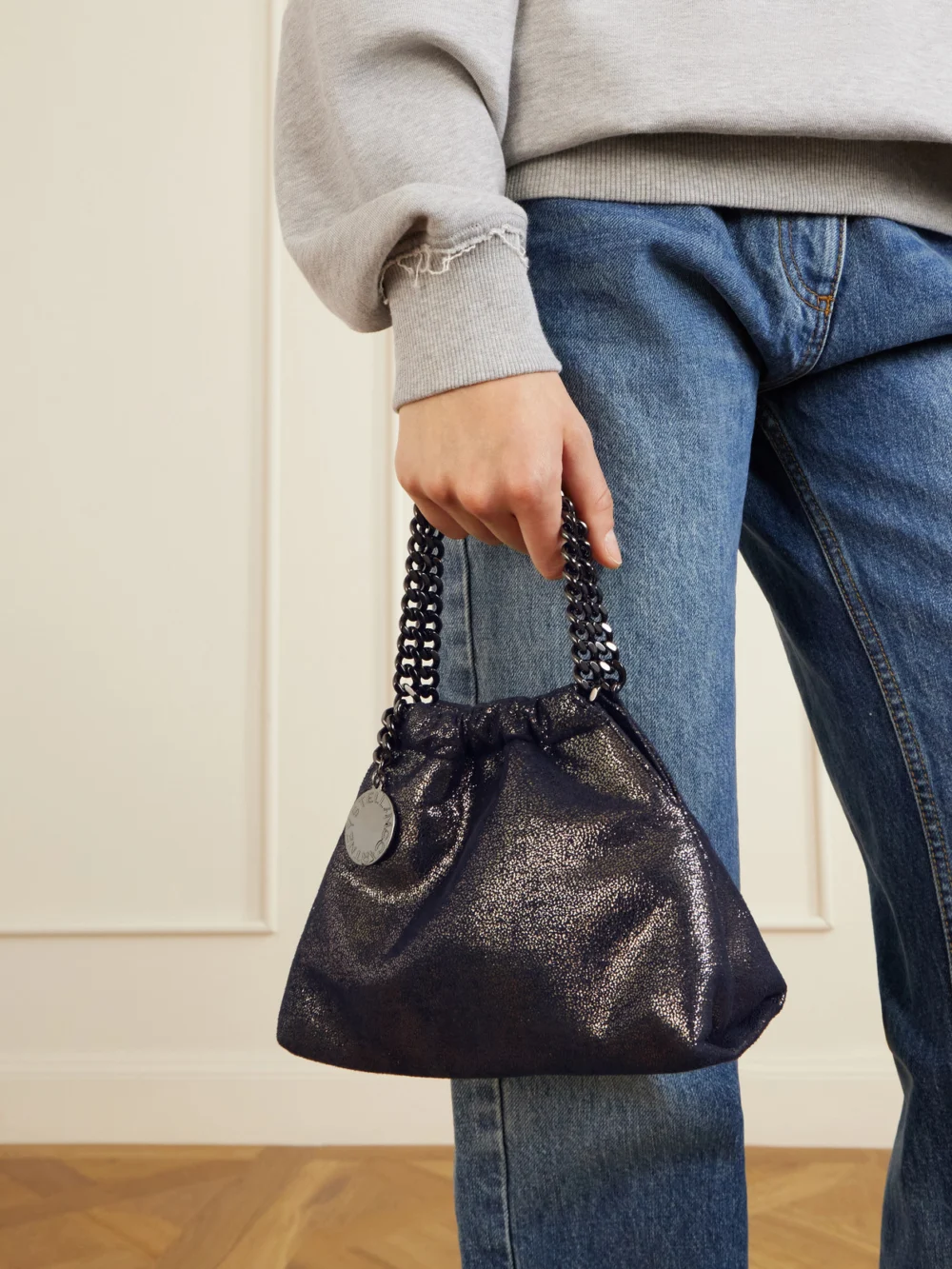 Stella McCartney Falabella Mini Metallic Vegetarian Material Top Handle Bag, styled view