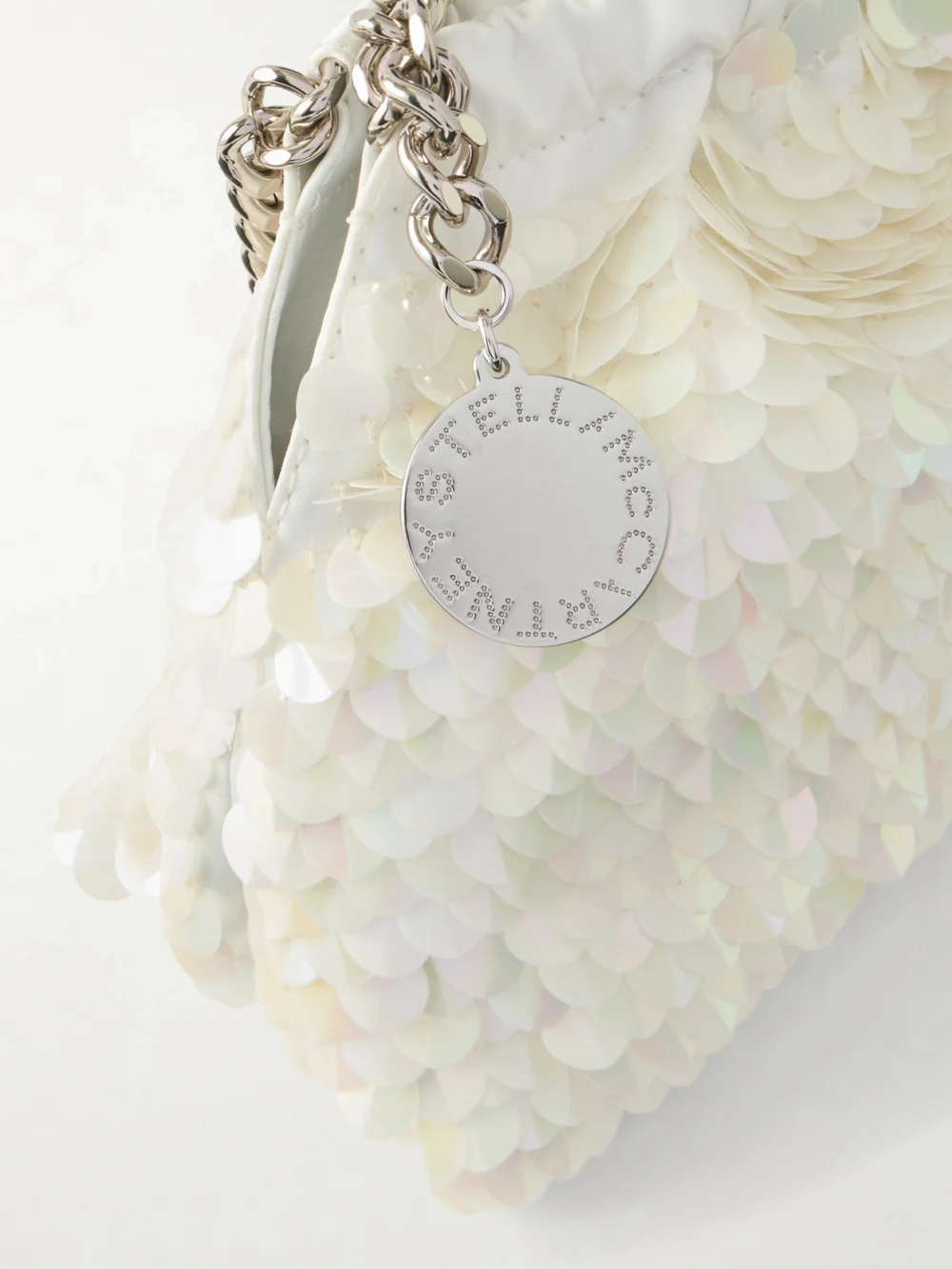 Close-up detail of the Stella McCartney Falabella Mini Sequined Satin Shoulder Bag