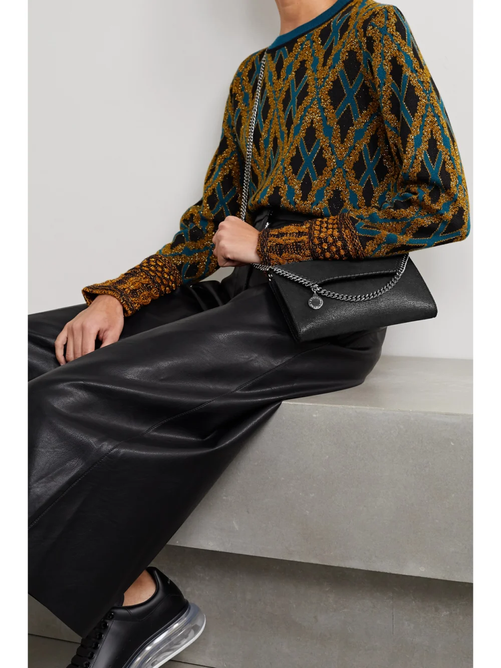 Stella McCartney Falabella Mini Vegetarian Textured-leather Shoulder Bag, styled view