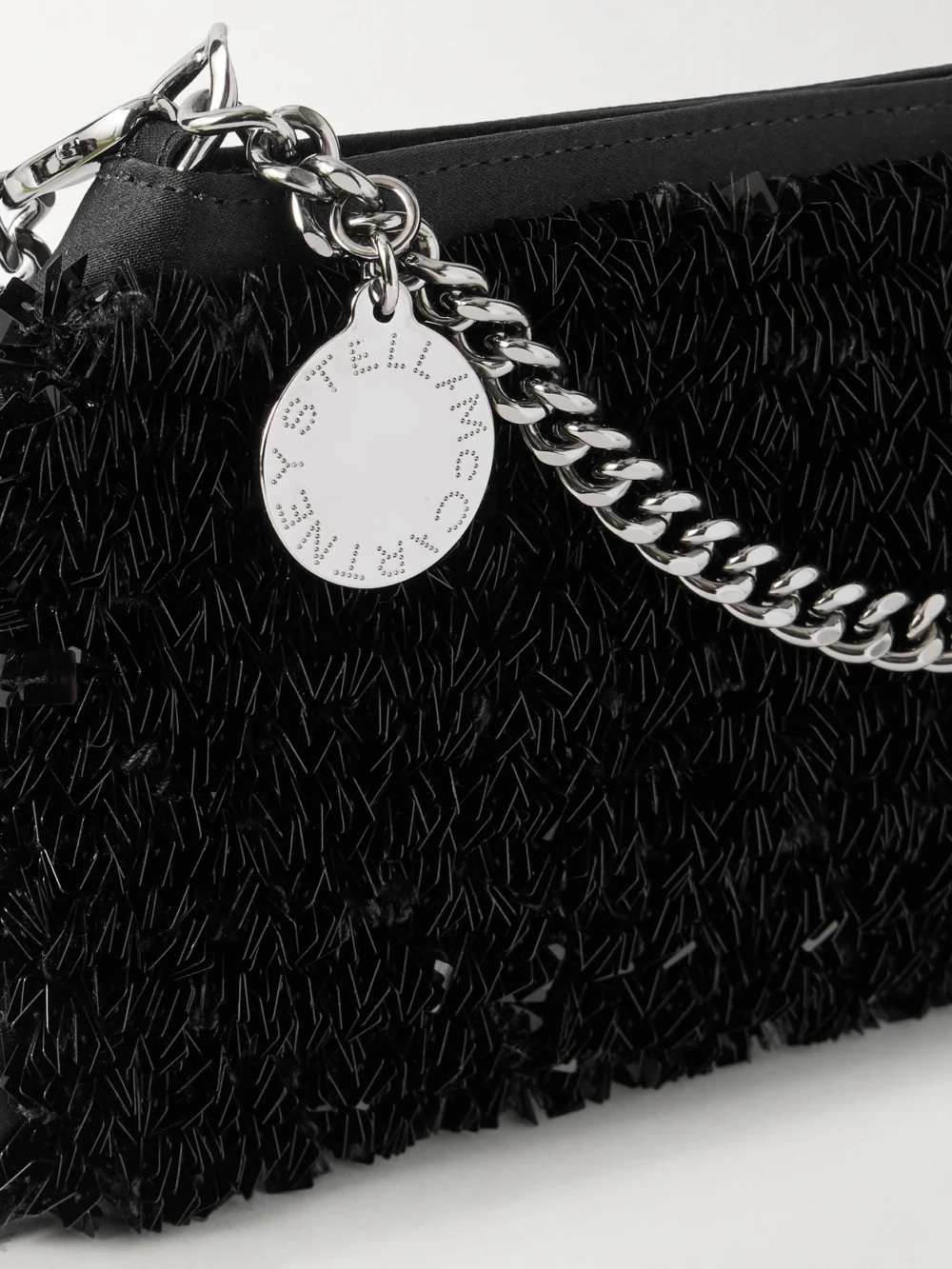Close-up detail of the Stella McCartney Falabella Sequin-embellished Satin Shoulder Bag