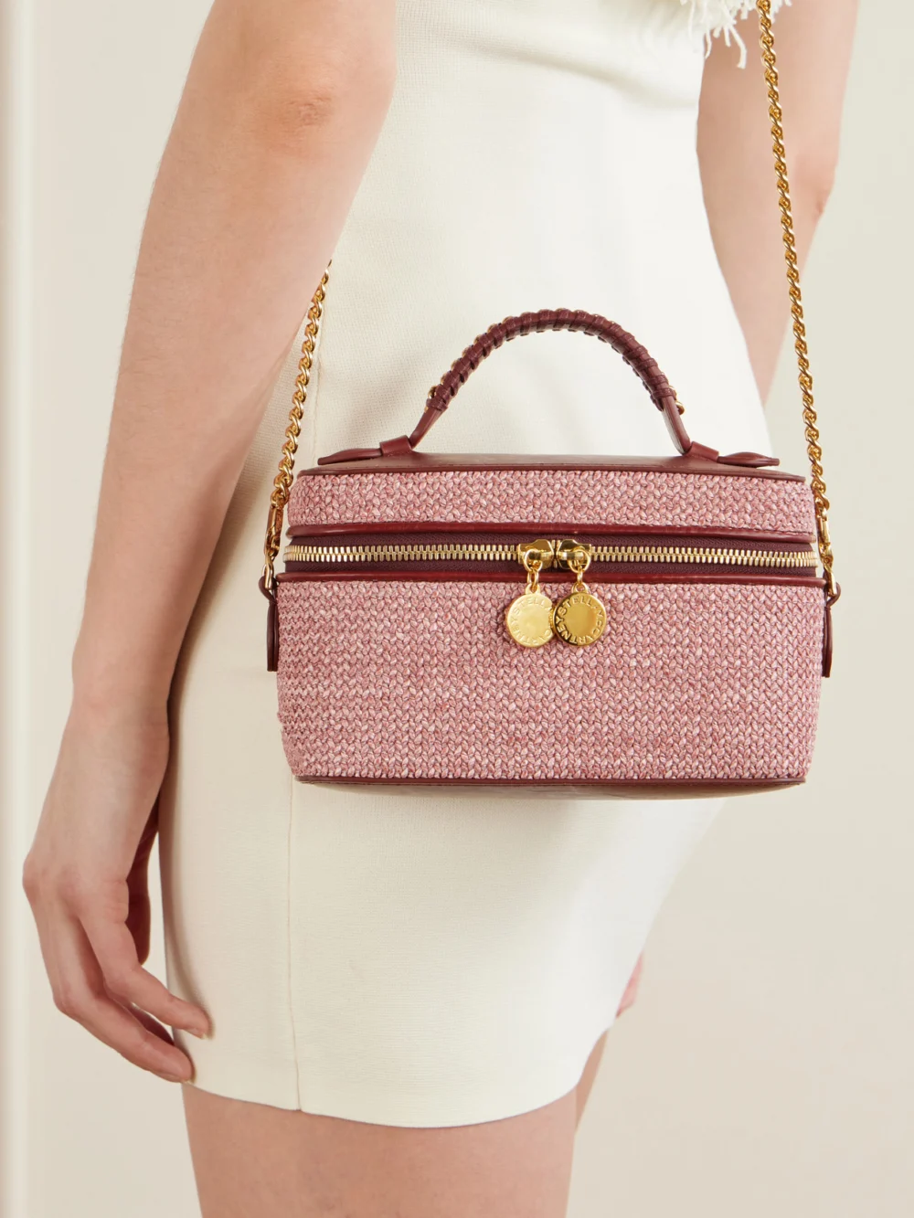 Stella McCartney Falabella Vanity Case Vegetarian Material-trimmed Raffia Shoulder Bag, styled view