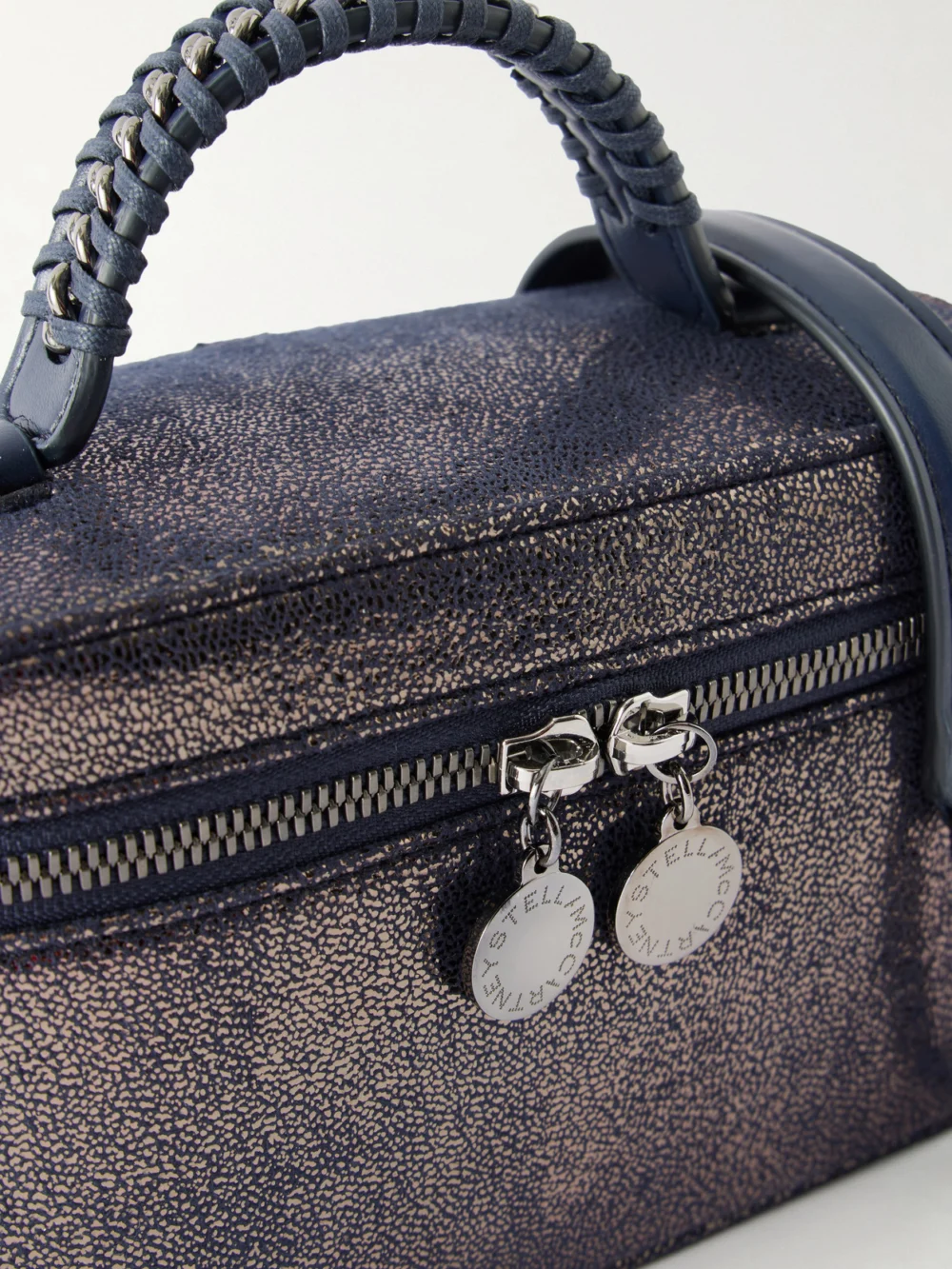 Close-up detail of the Stella McCartney Falabella Vanity Metallic Vegetarian Material Shoulder Bag