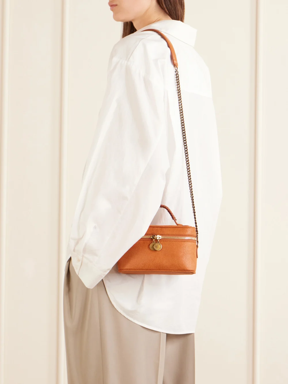 Stella McCartney Falabella Vanity Metallic Vegetarian Material Shoulder Bag, styled view