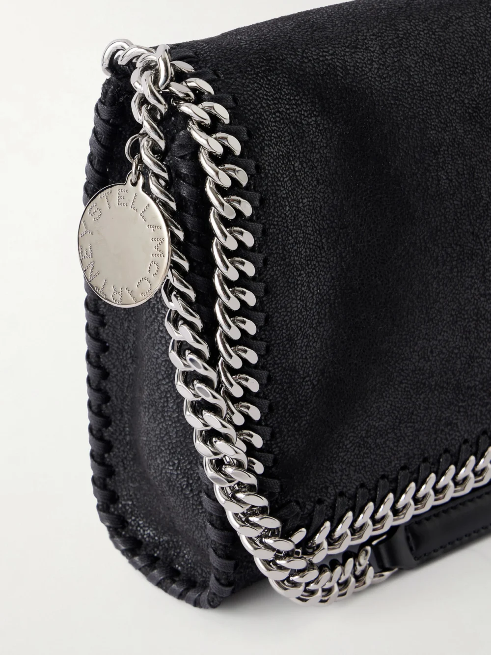 Close-up detail of the Stella McCartney Flabella Flap Vegetarian Material Shoulder Bag