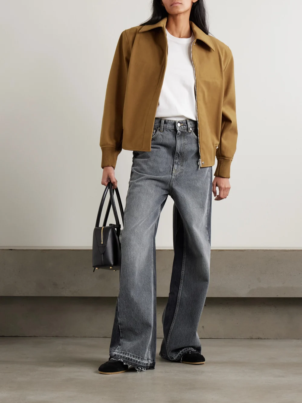 Stella McCartney Frayed Two-tone Mid-rise Wide-leg Organic Jeans, worn by a model