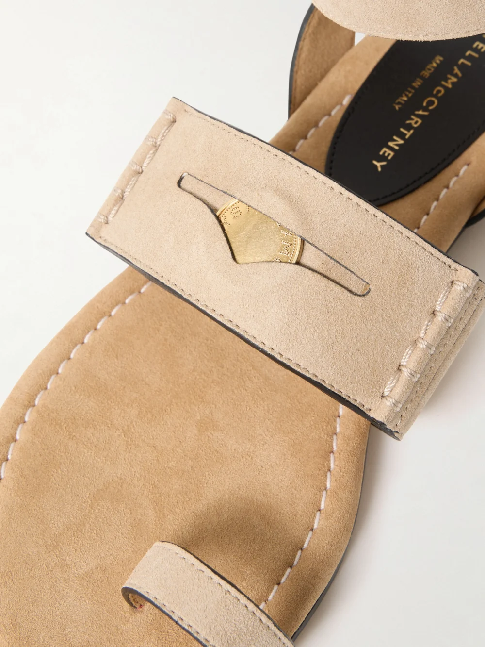 Close-up detail of the Stella McCartney Gaia Buckled Brushed Vegan Material Sandals