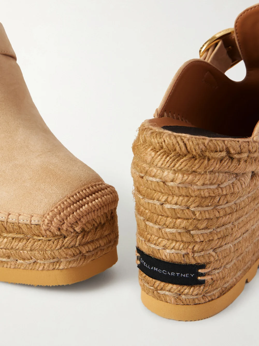 Close-up detail of the Stella McCartney Gaia Espadrille Wedge Clogs