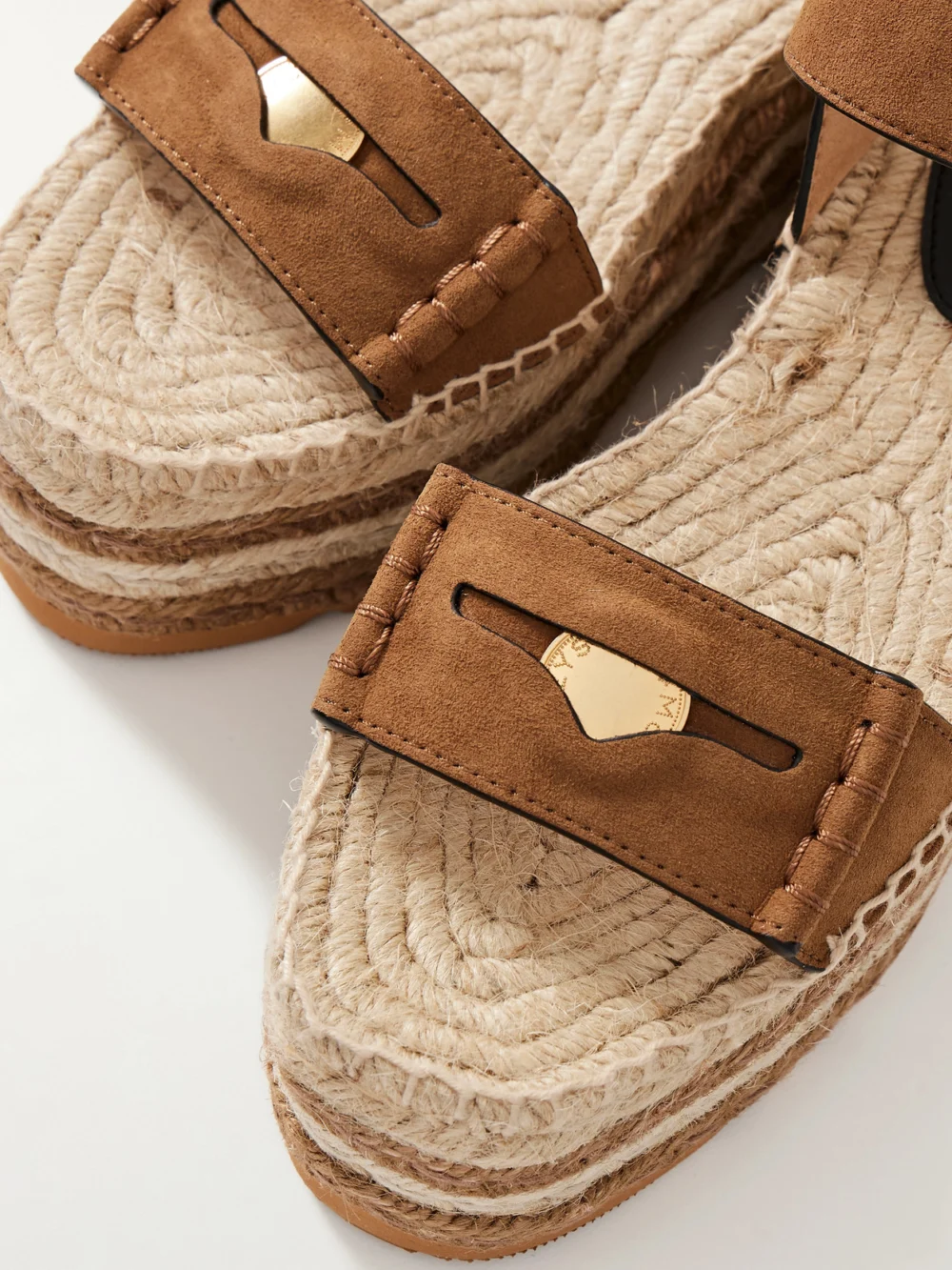 Close-up detail of the Stella McCartney Gaia Suede Platform Sandals