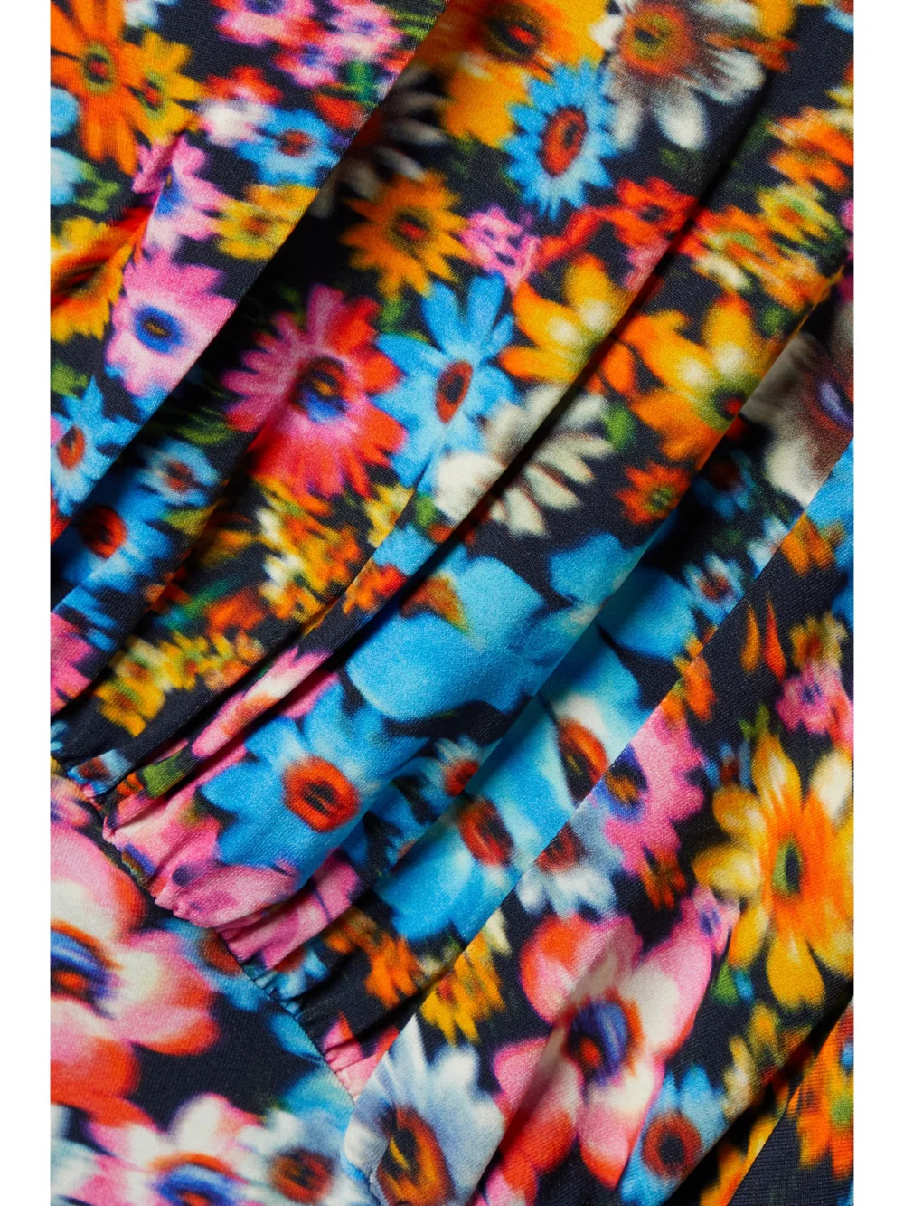 Close-up detail of the Stella McCartney Melissa Ruched Floral-print Stretch-jersey Mini Dress