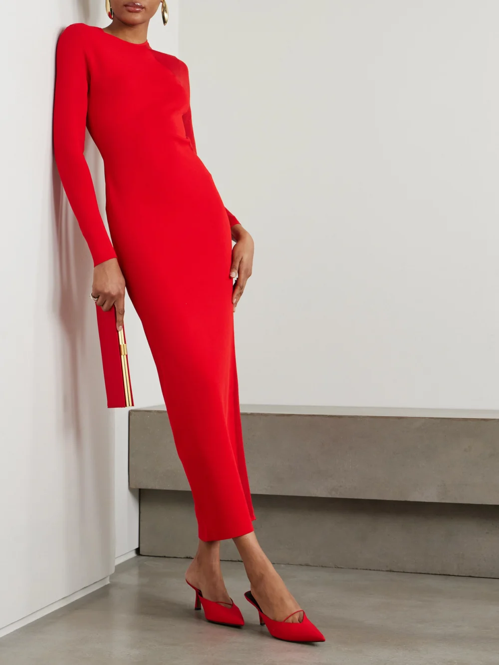 Stella McCartney Miracle Paneled Knitted Midi Dress, worn by a model