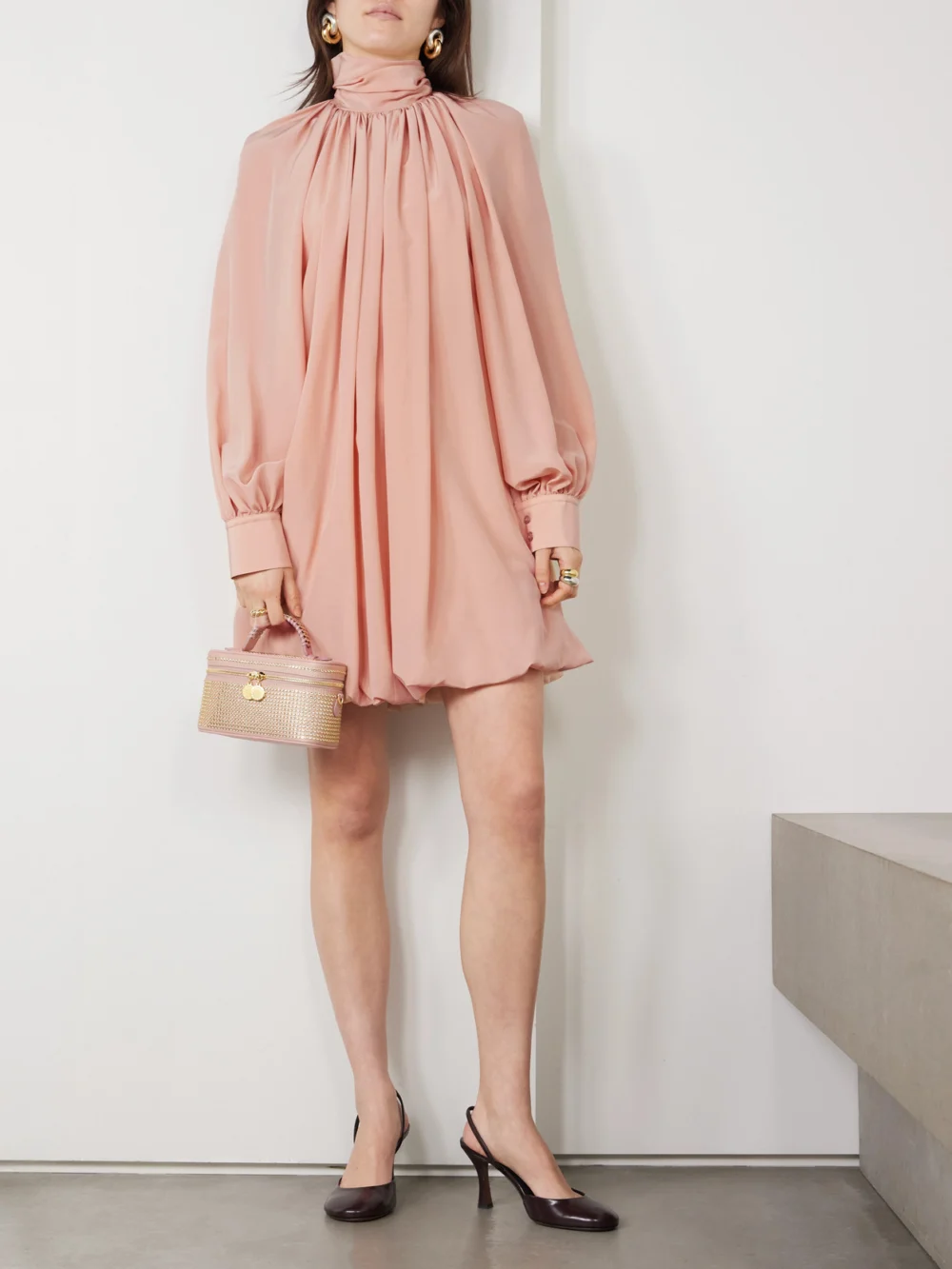 Stella McCartney Open-back Gathered Silk Crepe De Chine Mini Dress, worn by a model