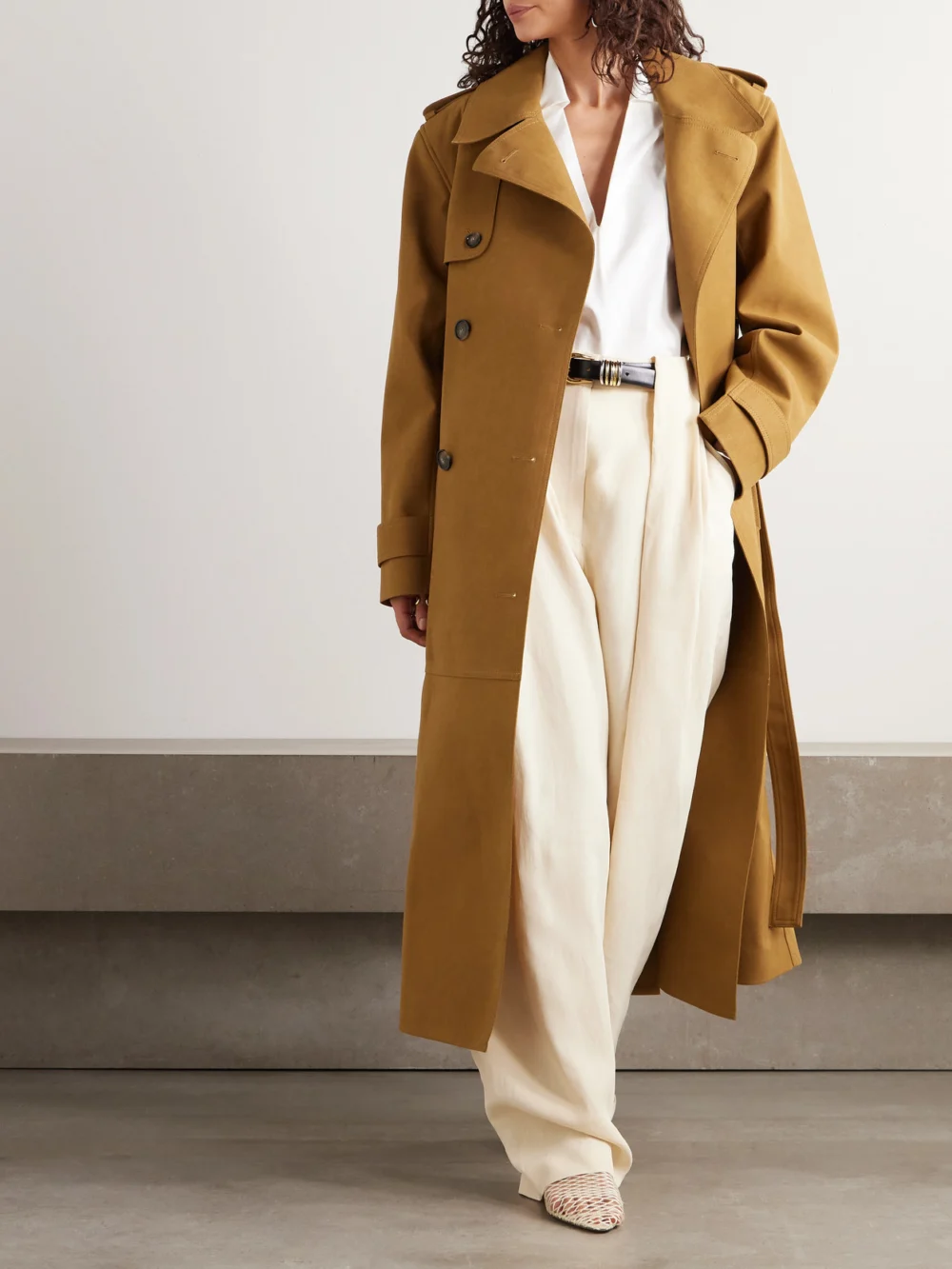 Stella McCartney Oversized Double-breasted Belted Brushed Trench Coat, worn by a model