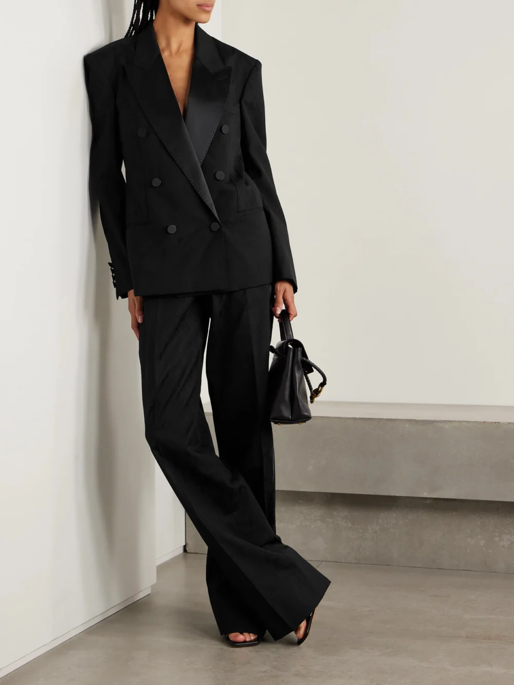 Stella McCartney Oversized Double-breasted Satin-trimmed Wool Blazer, worn by a model