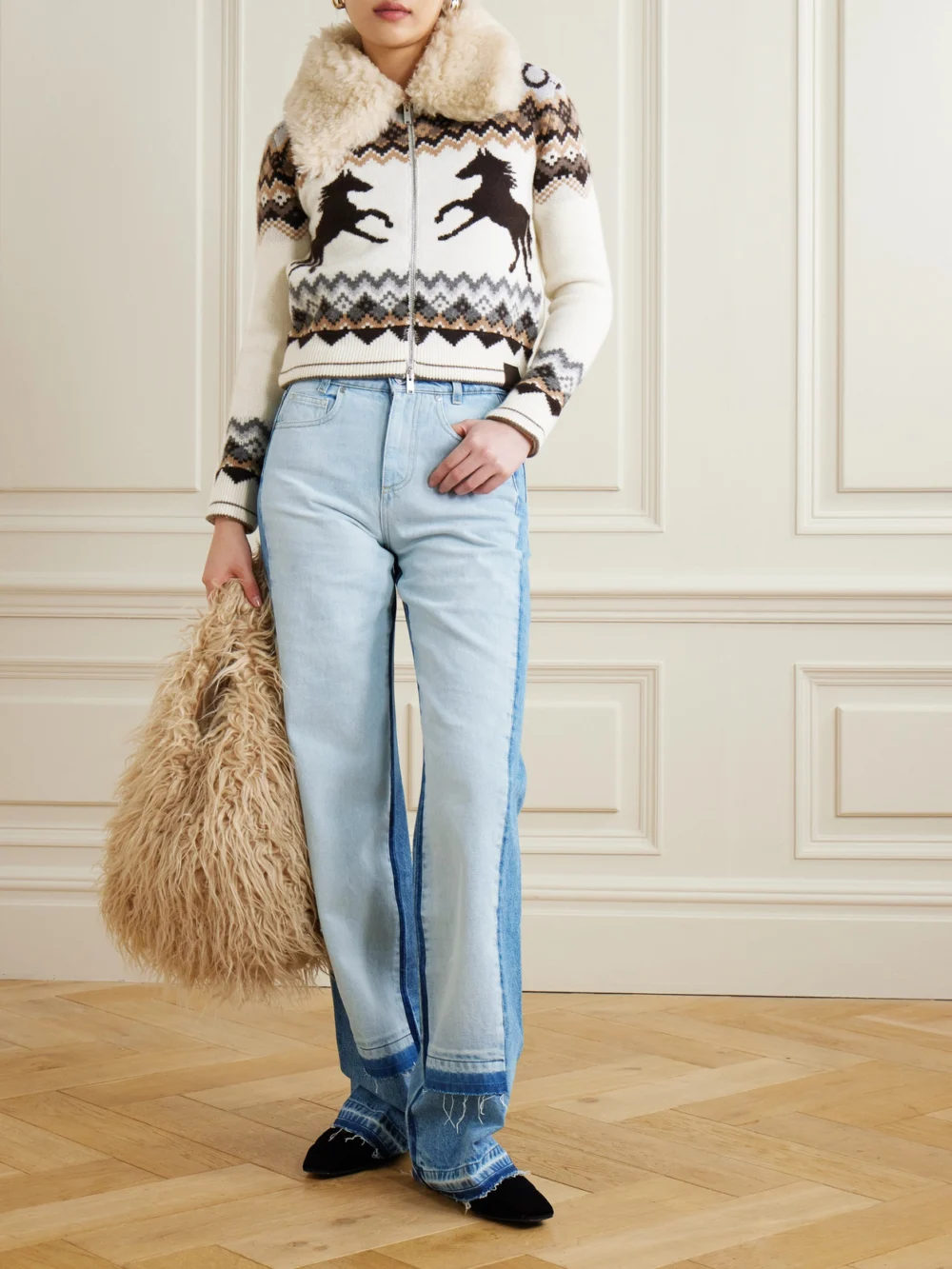 Stella McCartney Paneled Distressed Mid-rise Wide-leg Jeans, worn by a model