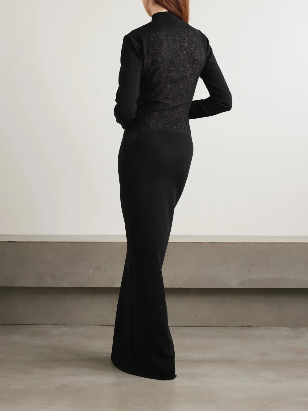 Back view of the Stella McCartney Paneled Lace-trimmed Stretch-knit Turtleneck Maxi Dress