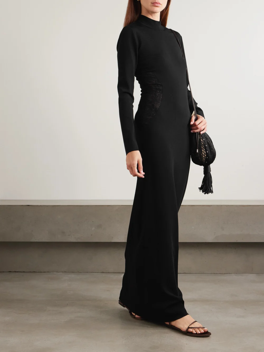 Stella McCartney Paneled Lace-trimmed Stretch-knit Turtleneck Maxi Dress, worn by a model