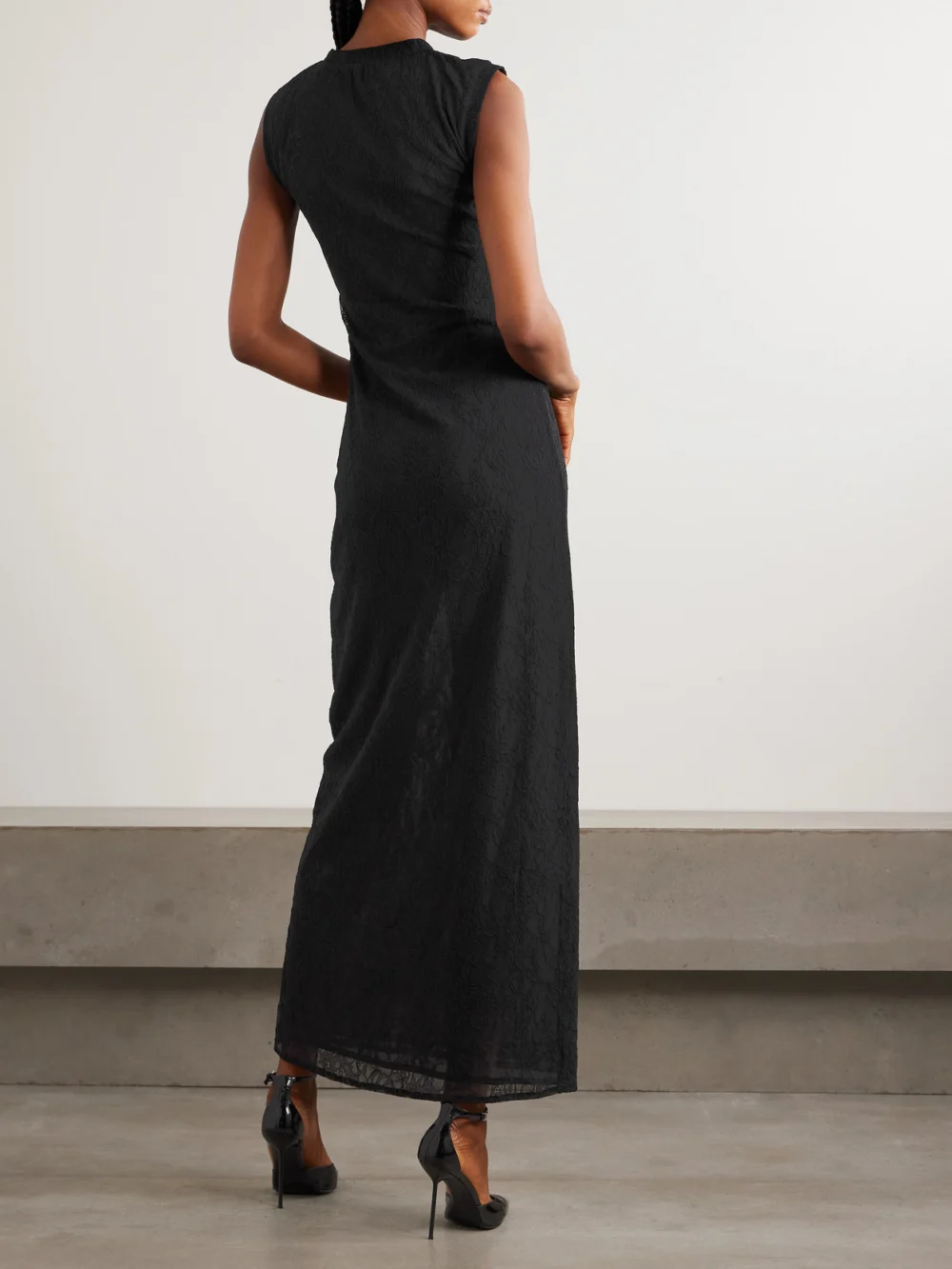 Back view of the Stella McCartney Ruched Stretch Recycled-lace Maxi Dress