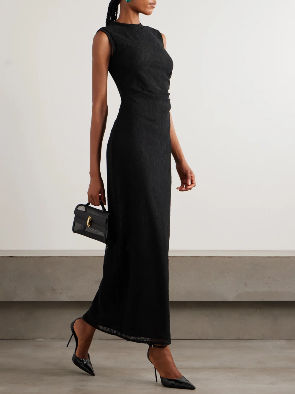 Stella McCartney Ruched Stretch Recycled-lace Maxi Dress, worn by a model