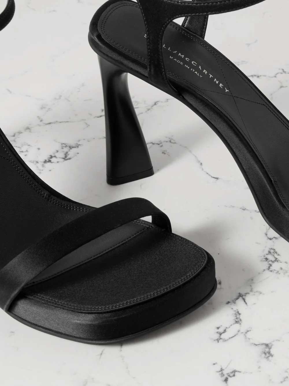 Close-up detail of the Stella McCartney Satin Platform Sandals