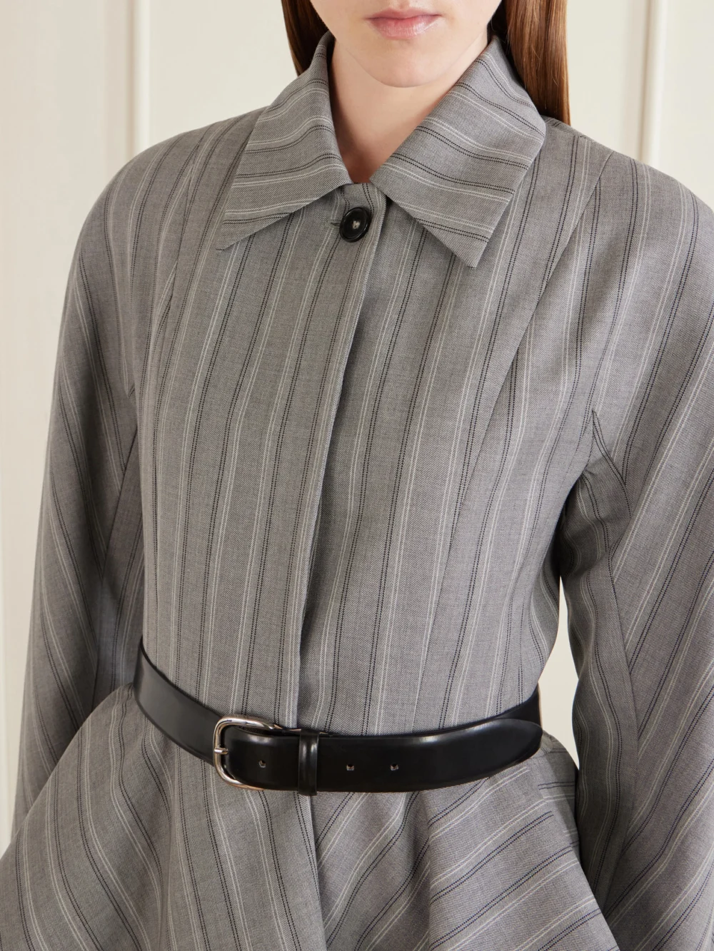Close-up detail of the Stella McCartney Striped Flared Wool Blazer