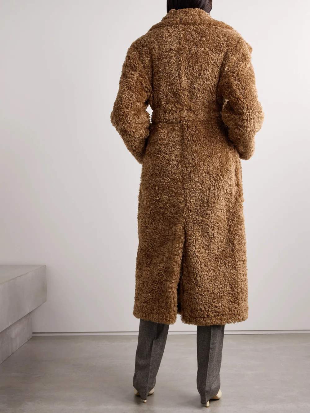 Back view of the Stella McCartney Teddy Belted Double-breasted Faux Shearling Coat