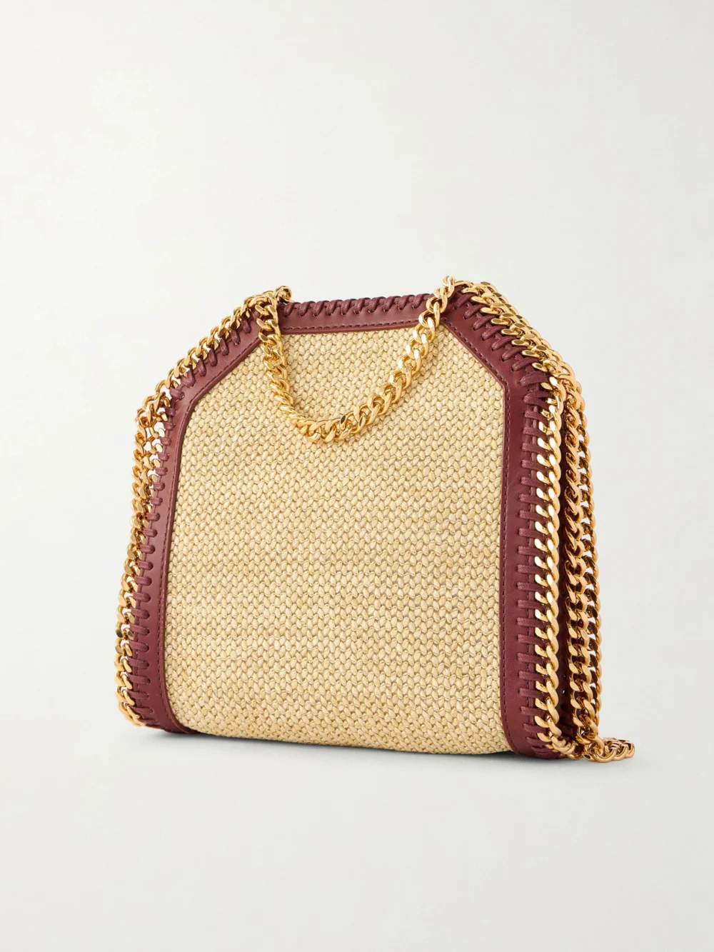 Back view of the Stella McCartney The Falabella Tiny Vegetarian Material-trimmed Raffia Shoulder Bag