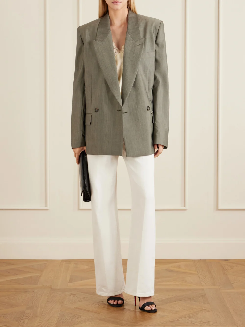 Stella McCartney Tropical Double-breasted Wool Ands Silk-blend Blazer, worn by a model