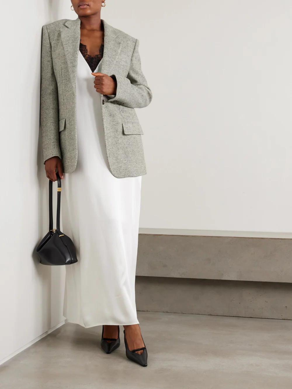 Stella McCartney Wool and Silk-blend Herringbone Blazer, worn by a model