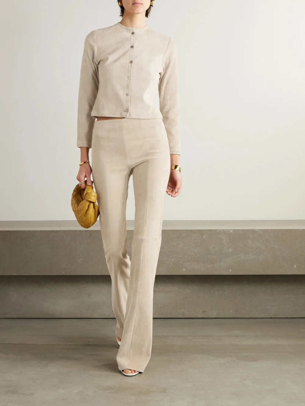 Stouls Astrid Cropped Suede Cardigan, worn by a model