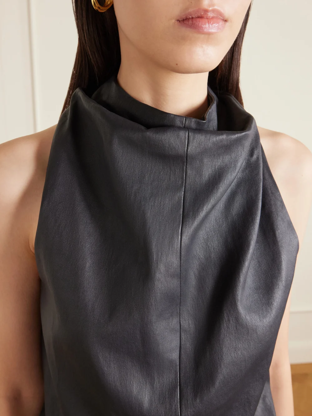 Close-up detail of the Stouls Aurea Draped Leather Halterneck Top