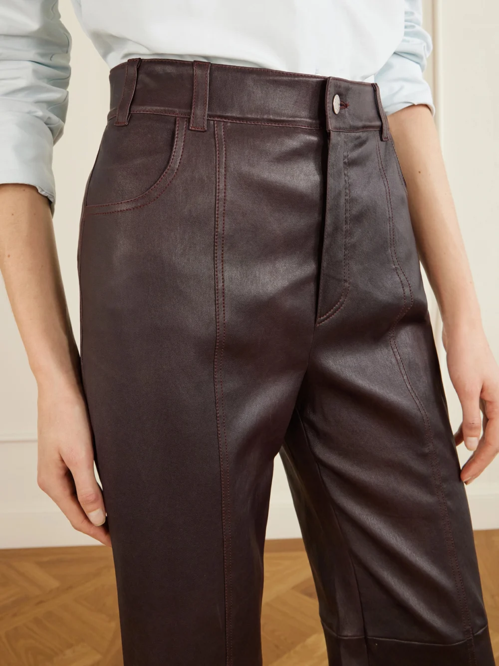 Close-up detail of the Stouls Benny Leather Straight-leg Pants