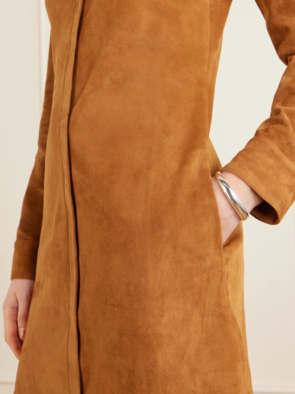 Close-up detail of the Stouls Geraldine Suede Dress