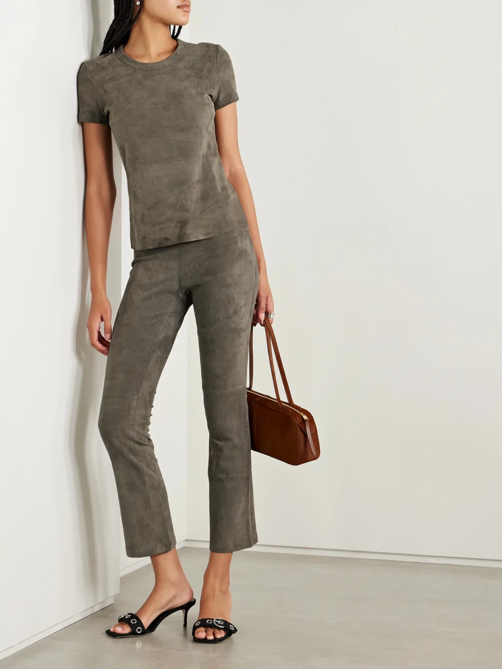Stouls Jp Twenty Cropped Suede Flared Leggings, worn by a model