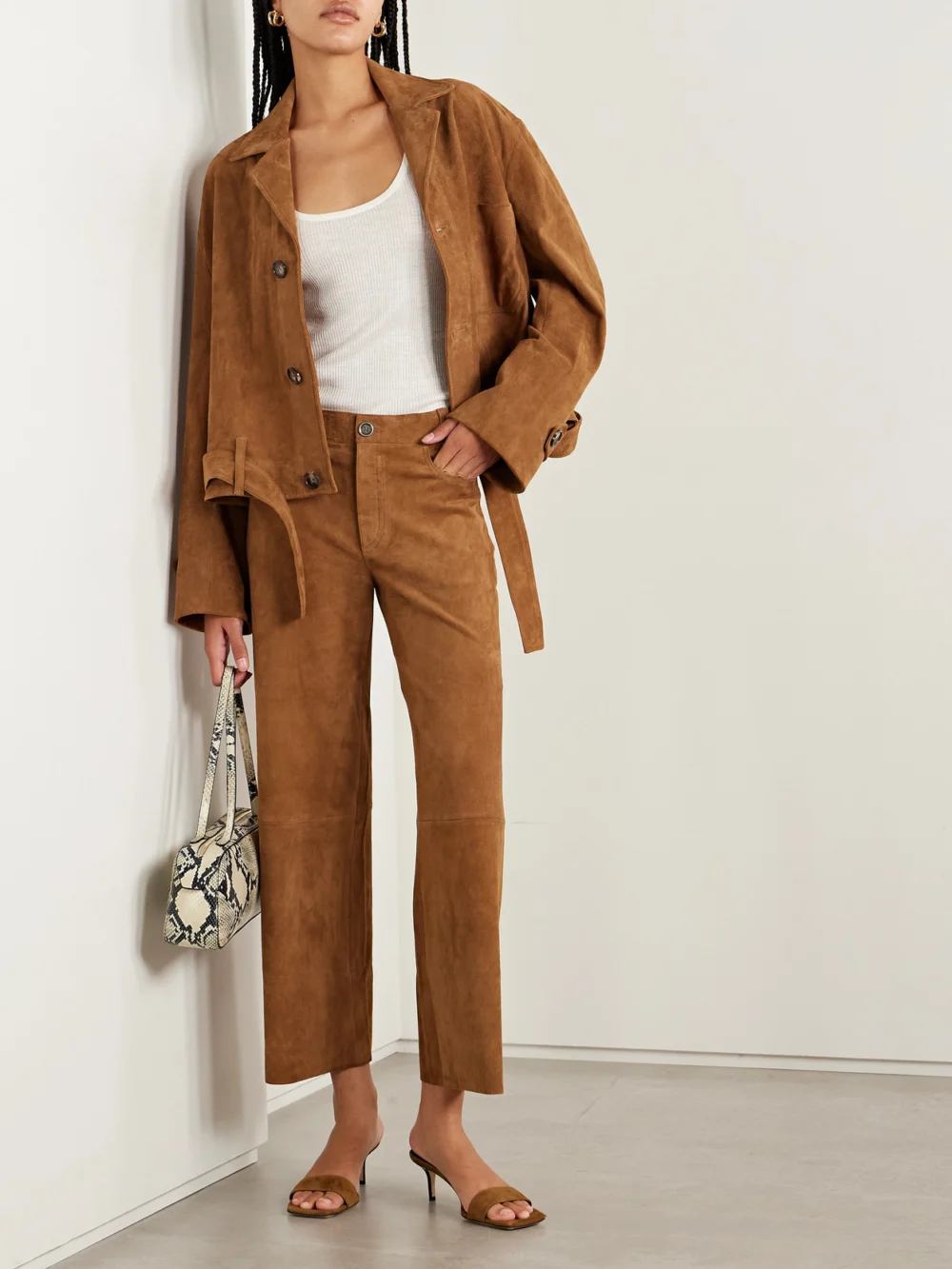 Stouls Lilou Cropped Suede Wide-leg Pants, worn by a model