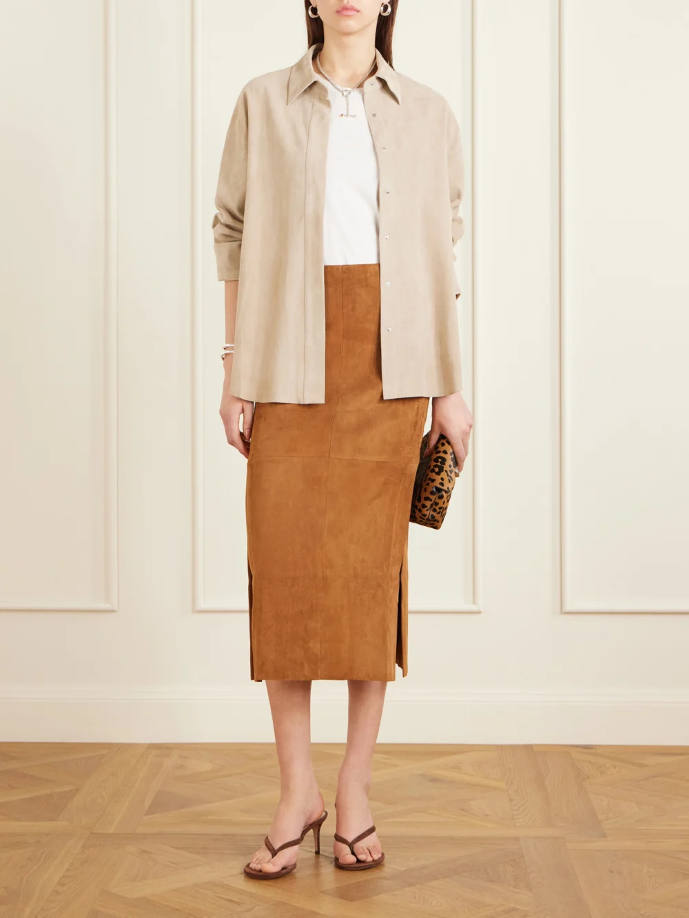 Stouls Winona Paneled Suede Midi Skirt, worn by a model