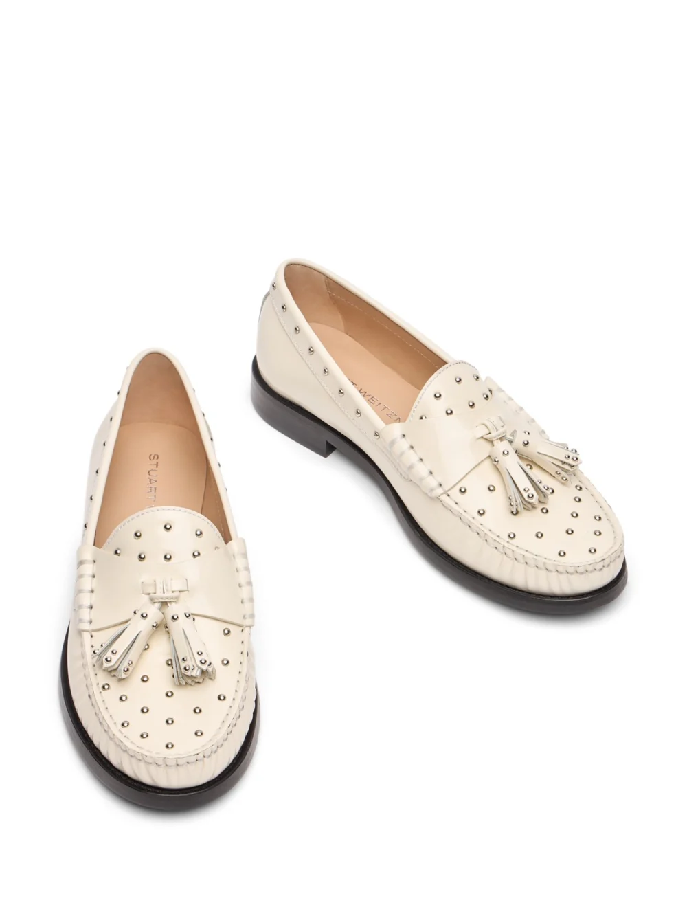 Stuart Weitzman Lottie Sostud Tassel Loafer in Cream., view 4