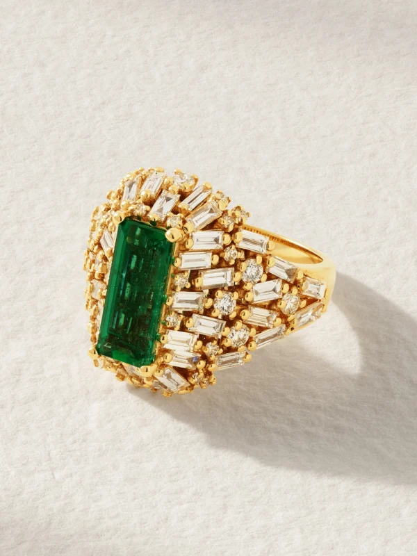 Suzanne Kalan 18-karat Gold, Diamond and Emerald Ring