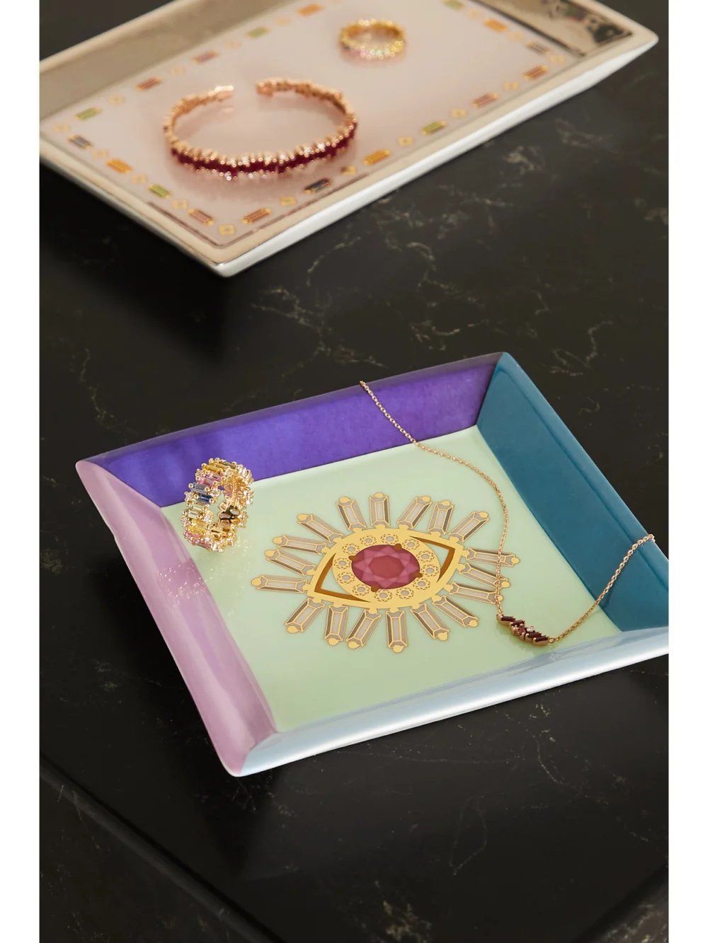 Suzanne Kalan + Jonathan Adler Porcelain Jewelry Tray, styled view