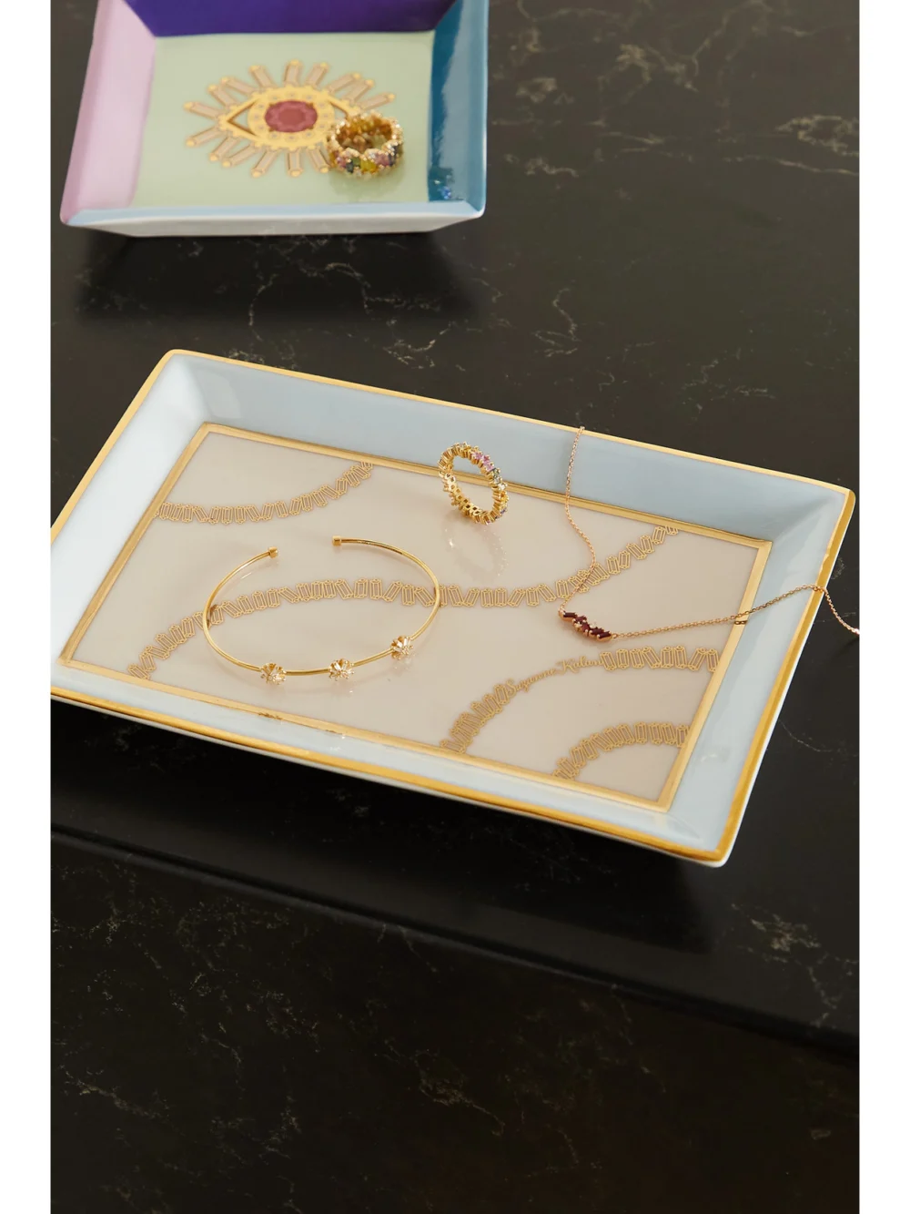 Suzanne Kalan + Jonathan Adler Porcelain Jewelry Tray, styled view