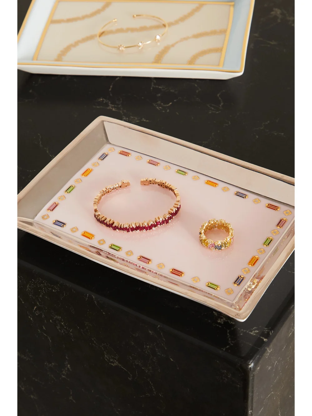 Suzanne Kalan + Jonathan Adler Porcelain Jewelry Tray, styled view