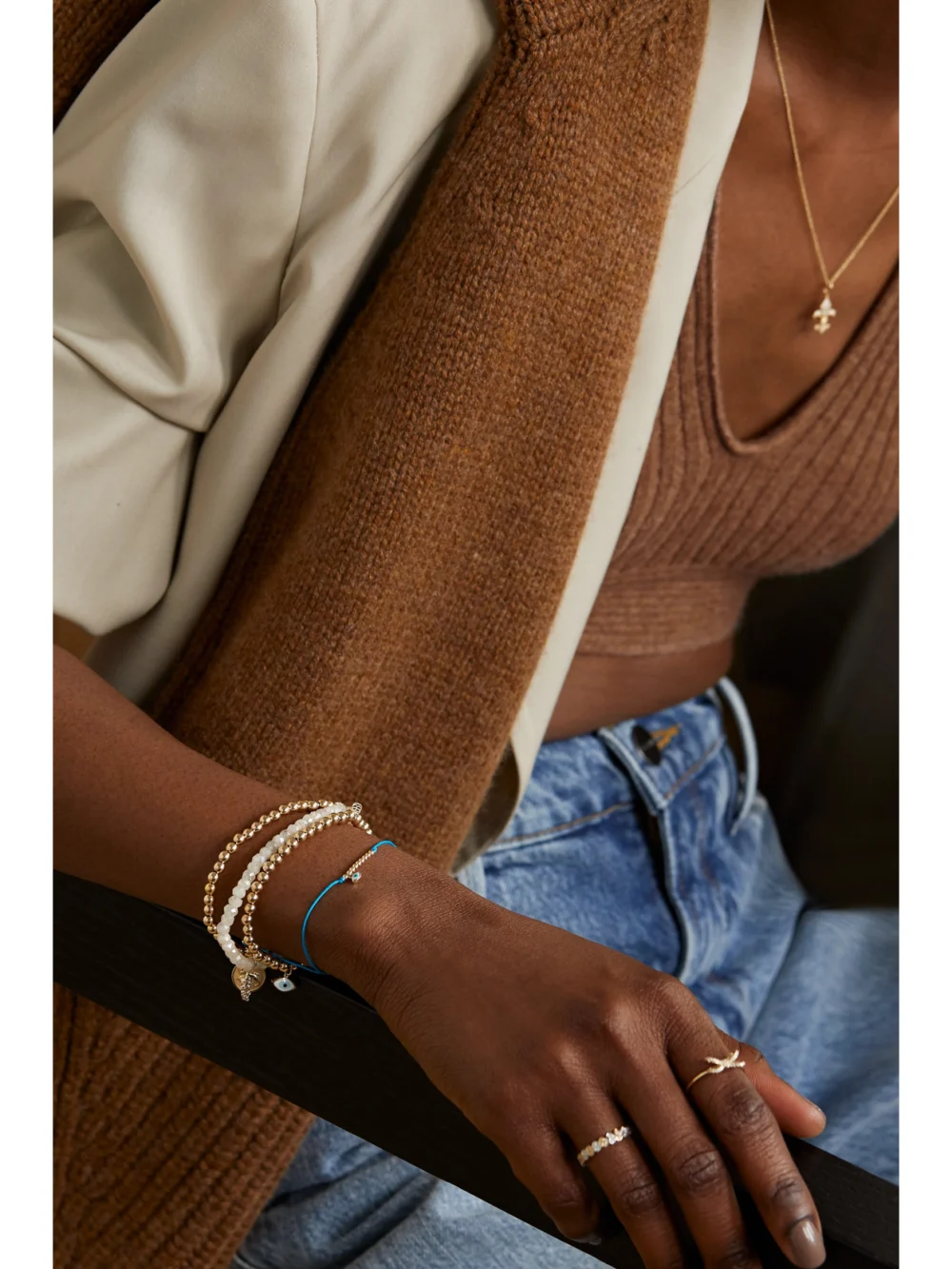 Sydney Evan Evil Eye 14-karat Gold, Cord and Enamel Bracelet, styled view