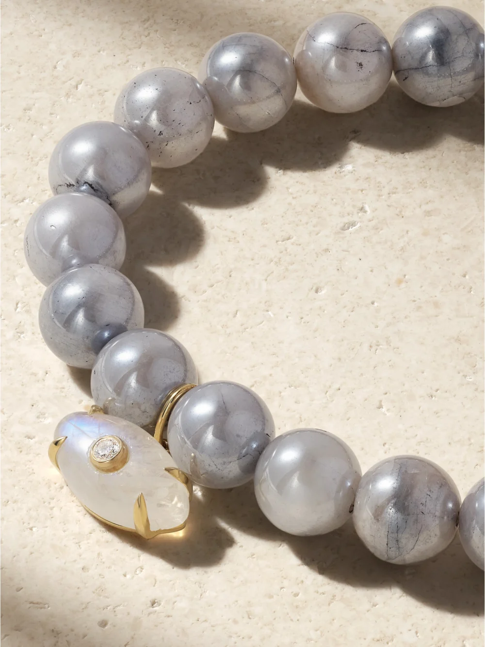 Close-up detail of the Sydney Evan Evil Eye 14-karat Gold, Moonstone and Diamond Bracelet