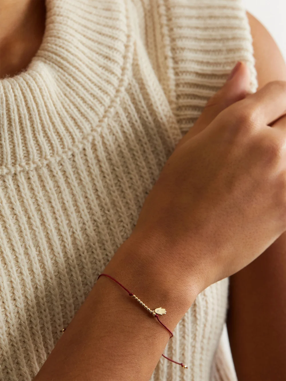 Sydney Evan Hamsa 14-karat Gold, Cord and Diamond Bracelet, styled view
