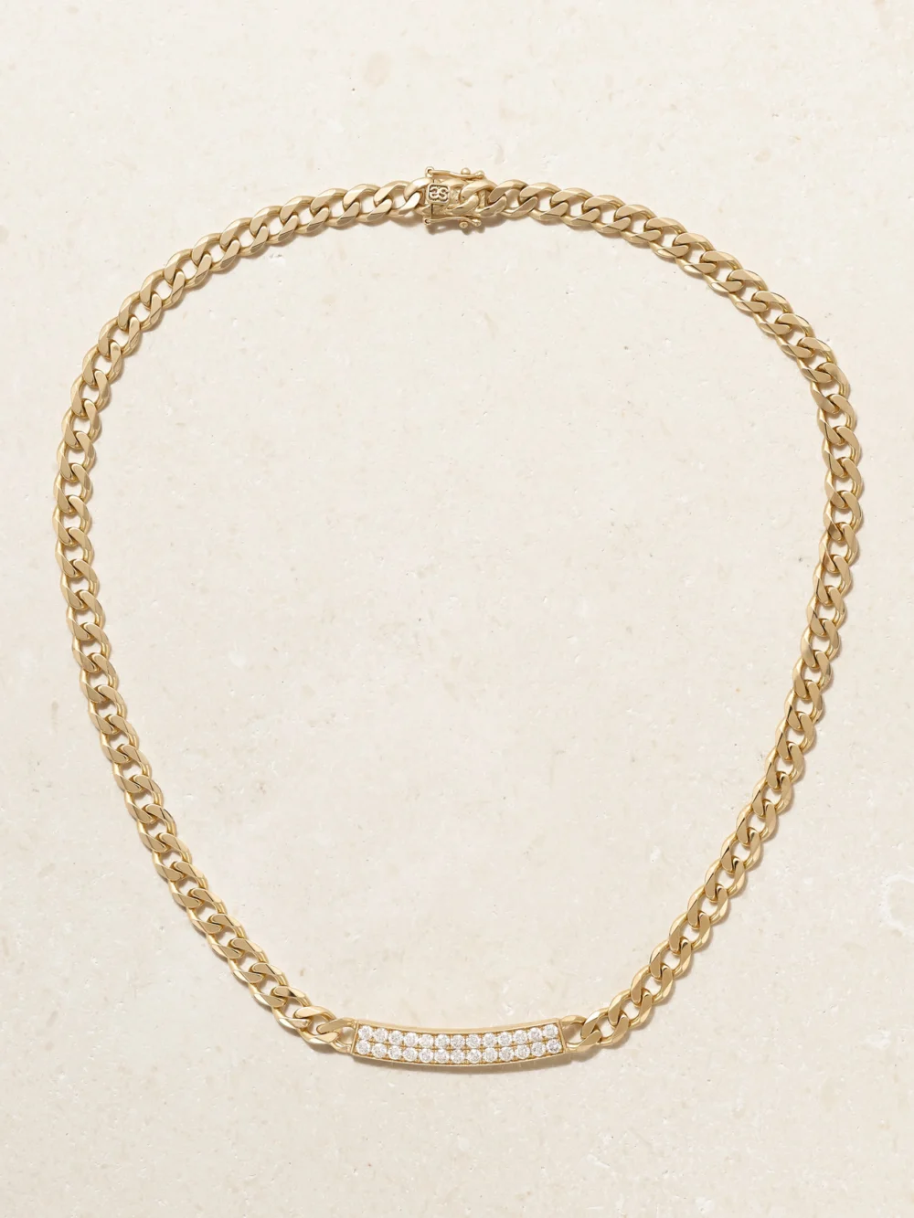 Close-up detail of the Sydney Evan Id Bar 14-karat Gold Diamond Necklace
