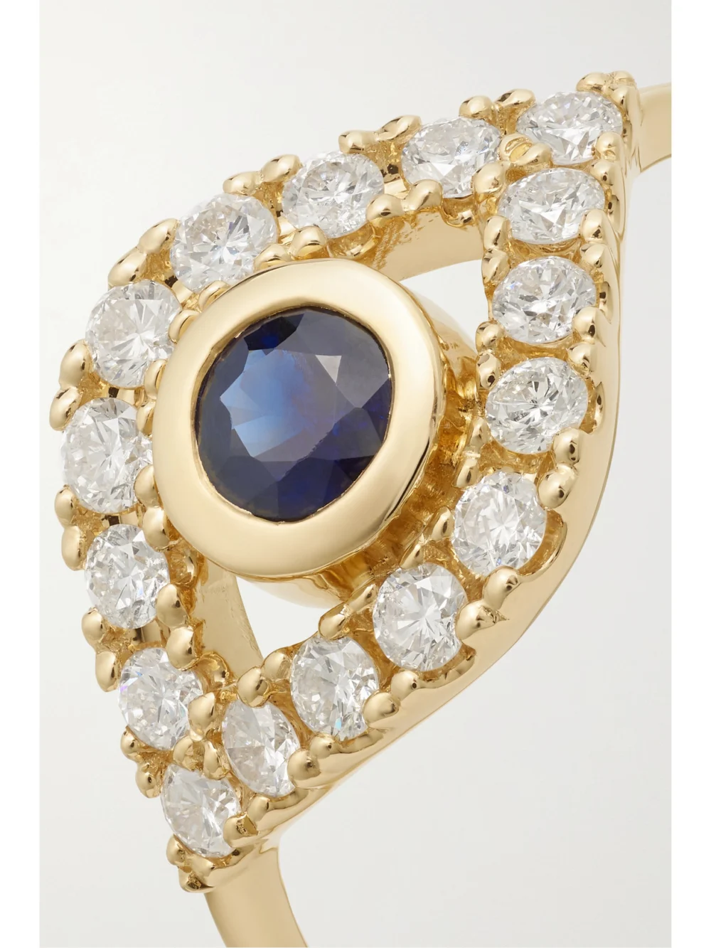Close-up detail of the Sydney Evan Large Evil Eye 14-karat Gold, Sapphire and Diamond Ring