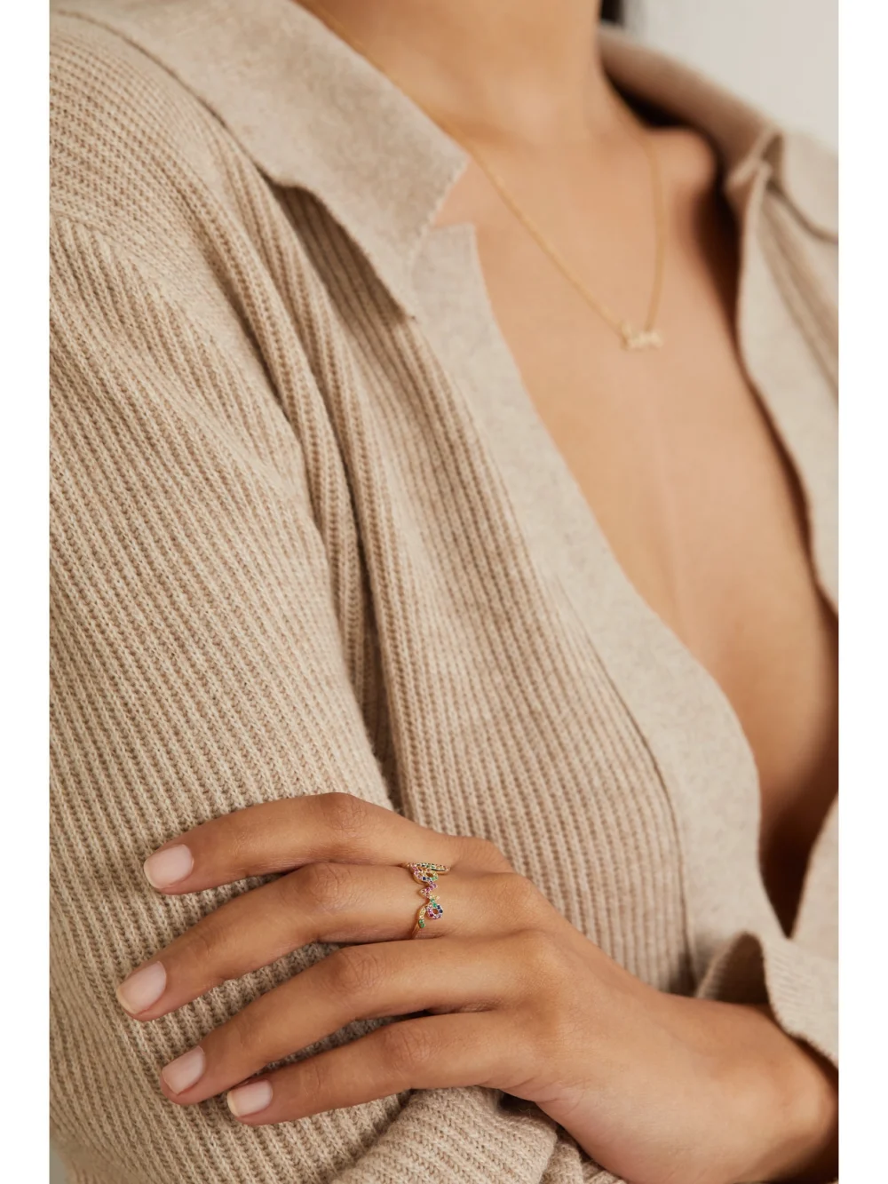 Sydney Evan Large Love 14-karat Gold Multi-stone Ring, styled view