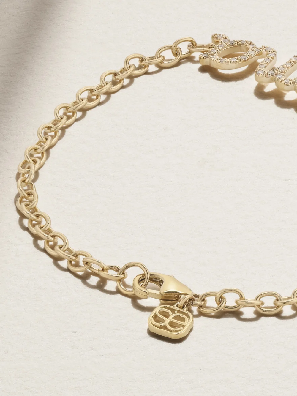 Back view of the Sydney Evan Large Mama Script 14-karat Gold Diamond Bracelet