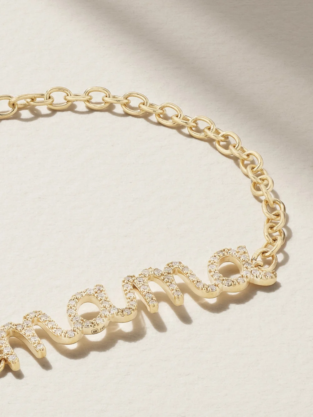 Close-up detail of the Sydney Evan Large Mama Script 14-karat Gold Diamond Bracelet